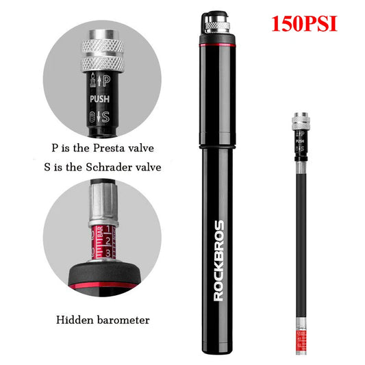 ROCKBROS Bike Bicycle Pump Aluminum Alloy 150PSI High Pressure Hand Mini Bicycle Pump Tire Air Inflator Portable Bike Air Pump